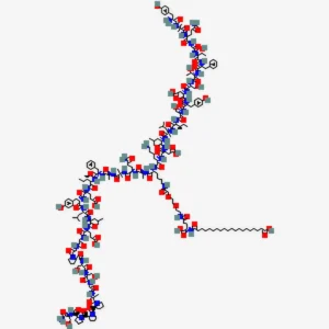 2D molecular structure diagram of Retatrutide (LY3437943), a peptide-based triple agonist, showing the backbone chain with multiple side groups.