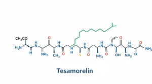 Diagram of the Tesamorelin molecular structure showing the peptide backbone and attached side chain, labeled “Tesamorelin.”