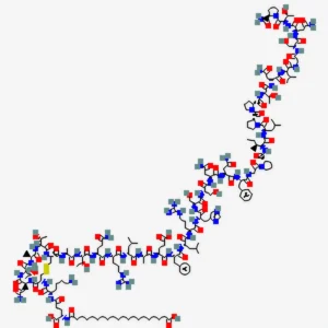 2D chemical structure of Cagrilintide peptide showing amino acid sequence and molecular bonds