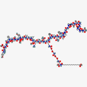 2D molecular structure of Tirzepatide peptide showing amino acid sequence and lipid modification