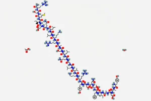 Verified 2D chemical structure of Sermorelin Acetate (GHRH 1-29) peptide (CAS 86168-78-7), showing the biologically active N-terminal fragment used in pituitary research.